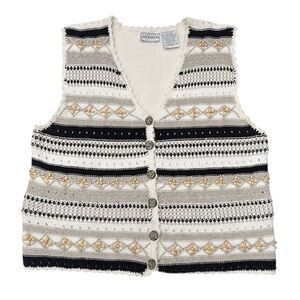 Vintage Sweater Vest Medium Petite Linen Blend Cottagecore Button Front Beaded